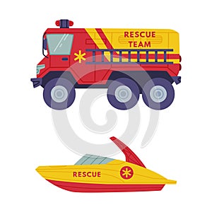 Red and Yellow Truck with Siren and Motor Boat as Rescue Equipment and Emergency Vehicle for Urgent Saving of Life