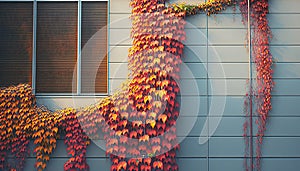 Red and yellow vine tree climbing on modern building wall in aut