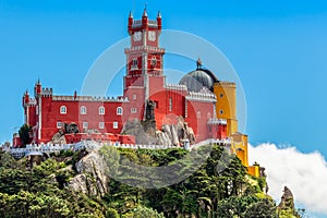 The red and yellow walls and towers of Pena Palace, Sao Pedro de Penaferrim, Sintra