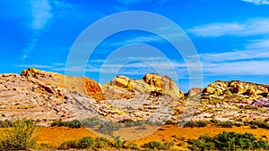 The red, yellow and white sandstone rock formations along the White Dome Road in the Valley of Fire State Park in Nevada,