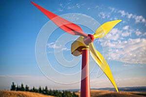 Red and yellow wind turbine, abstract sculpture with renewable energy, generative ai