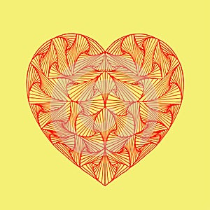 Red zentangle hand drawn decorative heart with paradox tangle on yellow background.
