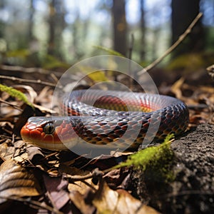 a redbelly snake on a forest floor