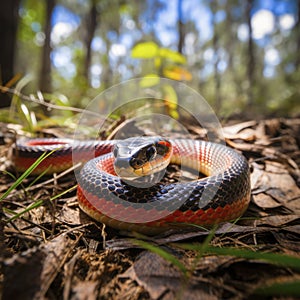 a redbelly snake on a forest floor