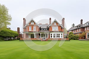 redbrick georgian mansion with whitetrimmed hip roof, lush lawn