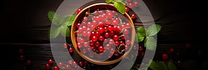 Redcurrant banner. Bowl full of redcurrant. Close-up food photography background