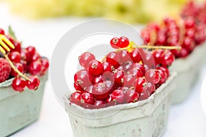 Redcurrants and berries on a table. Market on a street. Fruit in a wooden bowls. Natural background