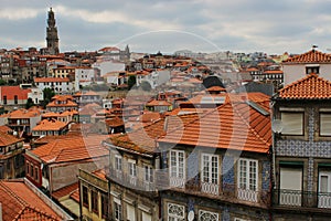Reddish roofs and tiled facades, Porto, Portugal.
