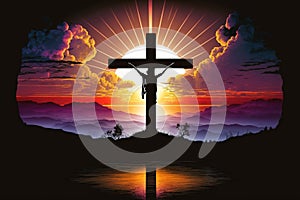 Redemption at Sunset: A Digital Art Illustration of Jesus Christ on the Cross