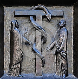 The redemptive death of Christ depicted in the emblem of the bronze serpent, door of the Grossmunster church in Zurich