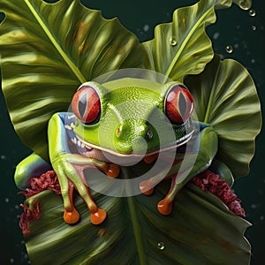 A Redeyed Tree Frog Head Wrapped In Green Leaves On A Background Of Leaves. Generative AI