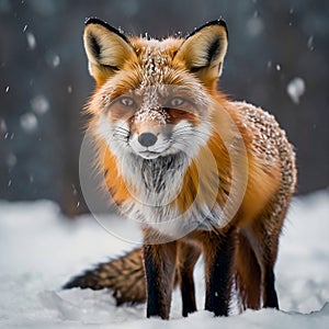 Redfox in winter forest with snow
