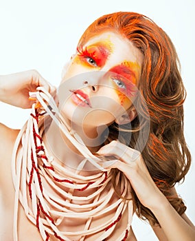 Expression. Face of Bright Red Hair Artistic Woman. Art Concept