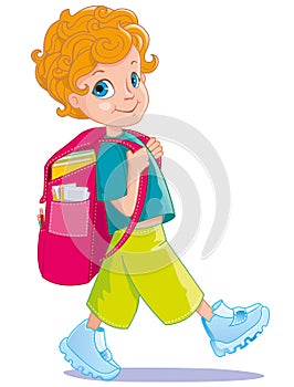 The redhaired curly-haired schoolboy fun walks goes to school