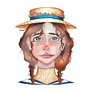 A redhaired girl with a straw hat with flowers watercolor illustration