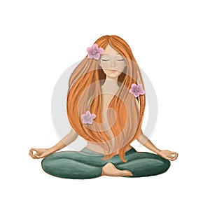 Redhaired lady meditation, watercolor style illustration, health clipart