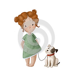 redhaired little girl with dog, watercolor illustration