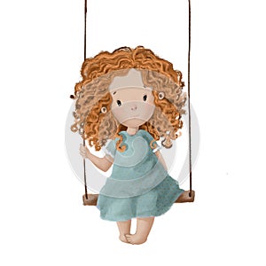 redhaired little girl on swing, watercolor illustration