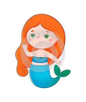 Redhaired mermaid waving with her hand. Children illustration of a cute fairy tale character