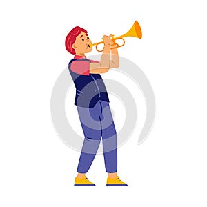 Redhead boy playing trumpet, isolated on white background. Young kid learning how to play pipe, vector illustration.