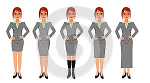 Redhead business woman grey skirt suit hands on hips