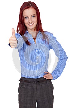 Redhead businesswoman shows thumbs up, isolated