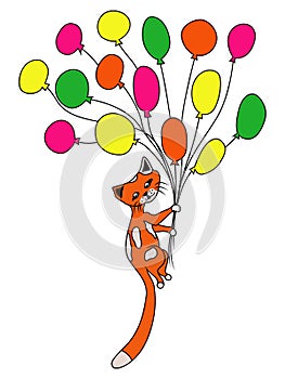 Redhead cartoon kitten flying on balloons