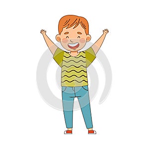 Redhead Emoji Boy with Hands Raised Up in Salute or Cheering Gesture Vector Illustration