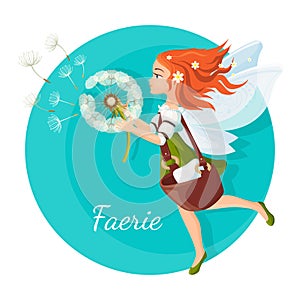 Redhead faerie with transparent wings holds dandelion logo