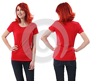 Redhead female with blank red shirt