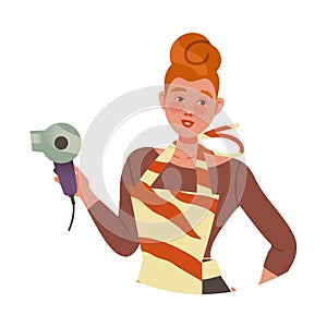 Redhead Freckled Woman Hairdresser in Apron and with Hair Dryer Vector Illustration