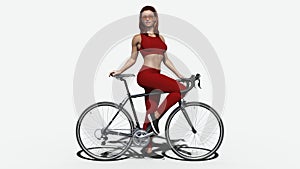 Redhead girl with bicycle, athletic woman in sports outfit standing next to a bike on white background, side view, 3D render