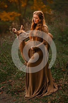 Redhead girl with deer in a long dress