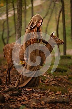 Redhead girl with deer in a long dress