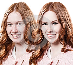 Redhead girl before and after retouch.
