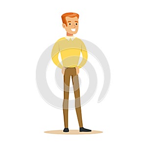 Redhead Guy In Yellow Sweater Overwhelmed With Happiness And Joyfully Ecstatic, Happy Smiling Cartoon Character