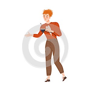 Redhead Man Coffee Lover Holding Cup of Hot Aromatic Beverage Vector Illustration
