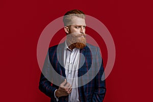 Redhead man in menswear tuxedo. Man wear elegant formal menswear. Elegance of bearded man in formal suit. Tuxedo man in