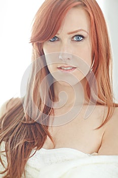 Redhead, relax and portrait of woman with underwear for sensuality, fashion and sexy style at home. Seductive, morning