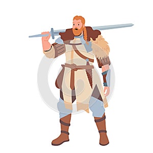 Redhead Scandinavian Warrior, Barbarian Soldier. Viking Male Character with Ginger Beard Wearing Animal Skin Hold Armor