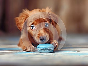 Redhead small doggy and macaroni cookies on the floor