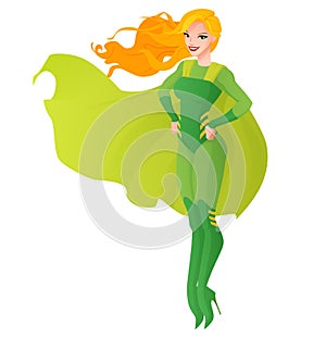 Redhead superhero woman in green outfit flying. Cartoon vector illustration isolated on white background.