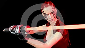 Redhead warrior girl with sci-fi laser sword, braided woman with futuristic saber weapon isolated on black background, close up