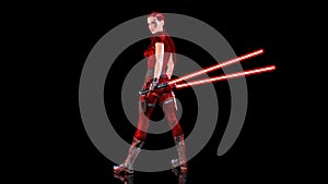 Redhead warrior girl with sci-fi light swords, braided woman with futuristic laser saber weapon isolated on black background, 3D