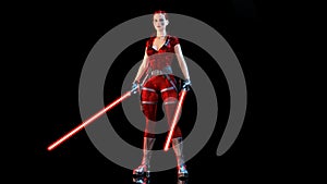Redhead warrior girl with two futuristic light swords, braided woman with sci-fi laser saber weapon isolated on black background