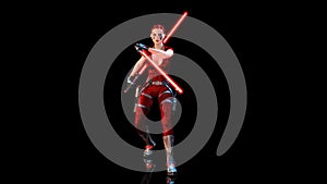 Redhead warrior girl with two futuristic light swords, braided woman with sci-fi saber weapon isolated on black background, 3D