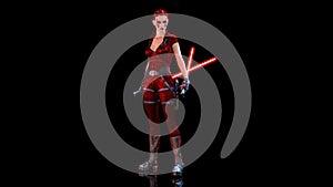 Redhead warrior girl with two sci-fi laser swords, braided woman with futuristic saber weapon isolated on black background, 3D