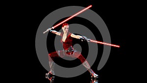 Redhead warrior girl with two sci-fi light swords, braided woman with futuristic saber weapon isolated on black background, 3D