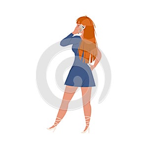 Redhead Woman in Blue Dress Waiting or Standing in Queue or in Line for Nightclub Speaking by Phone Vector Illustration