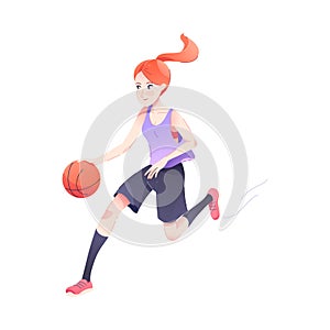 Redhead Woman Character Playing Basketball Engaged in Sport Physical Activity Vector Illustration